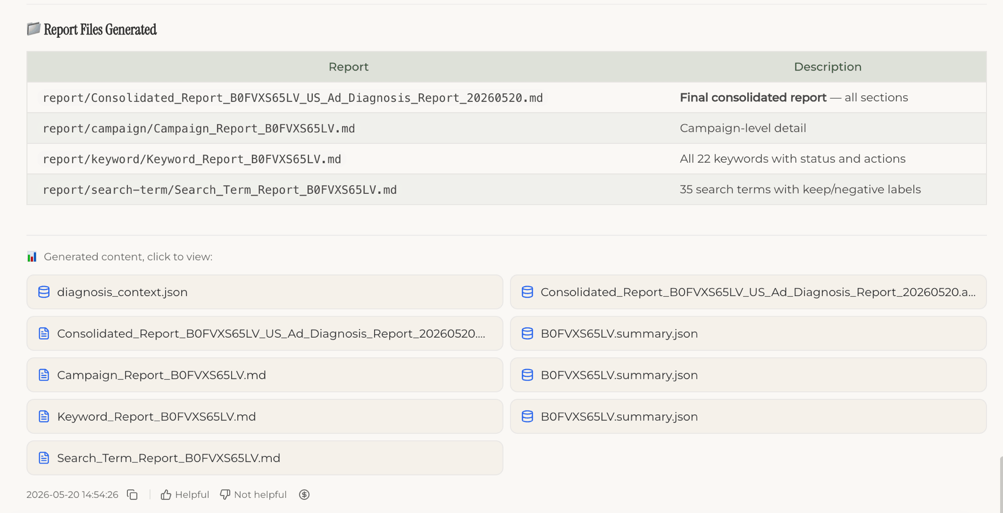 Ad Diagnosis generated report files