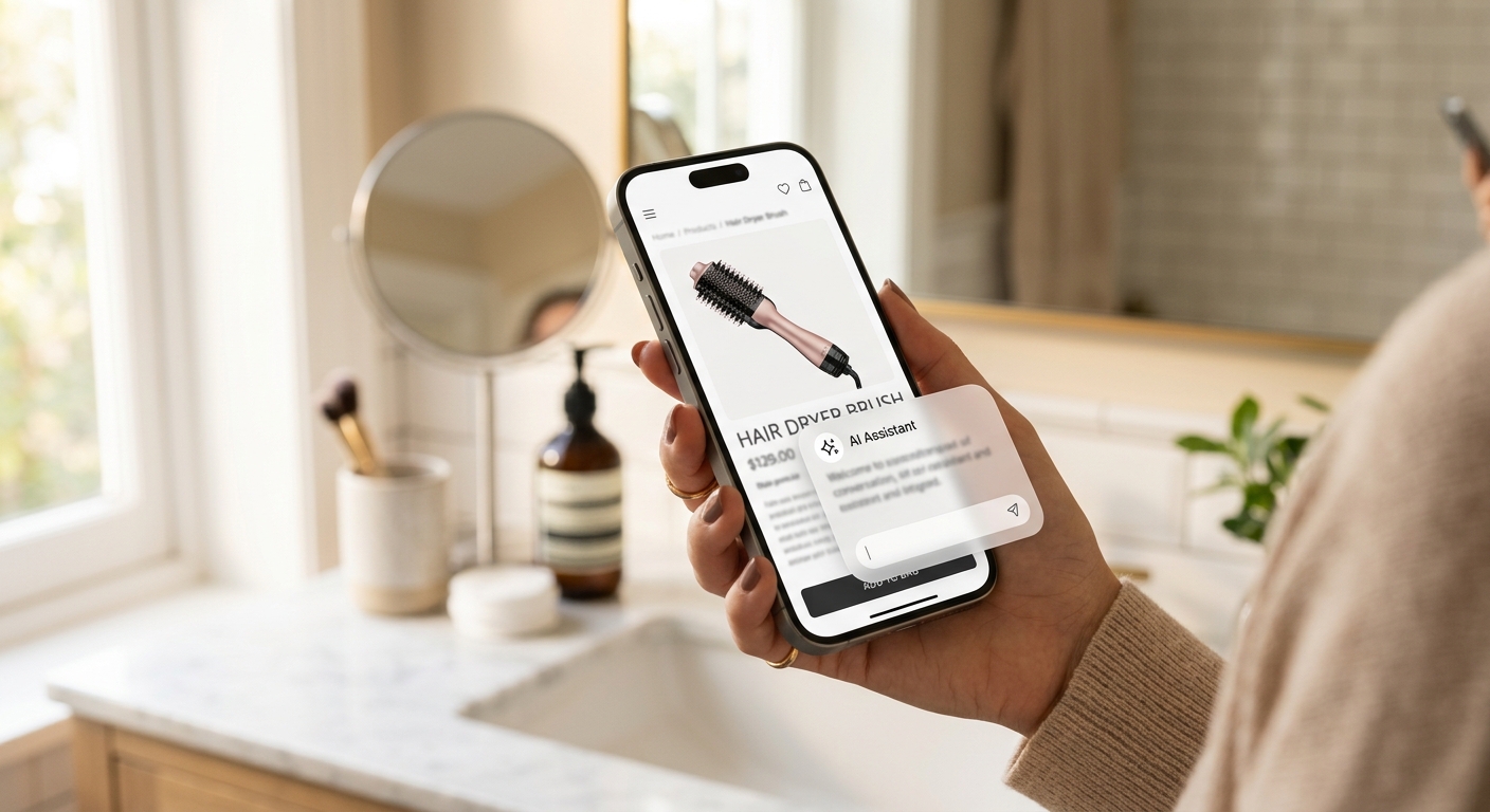 Illustration of a shopper asking Amazon's AI shopping assistant about a product on their phone